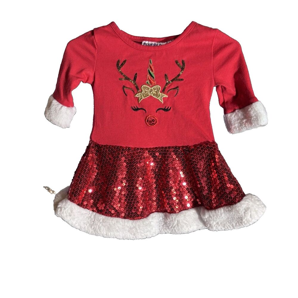 BlueBeri Boulevard Red Christmas Reindeer Sequin Dress Girls size 12 months